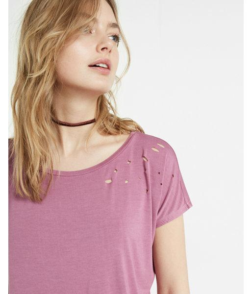 Express Womens Washed Bateau Neck Distressed Tee