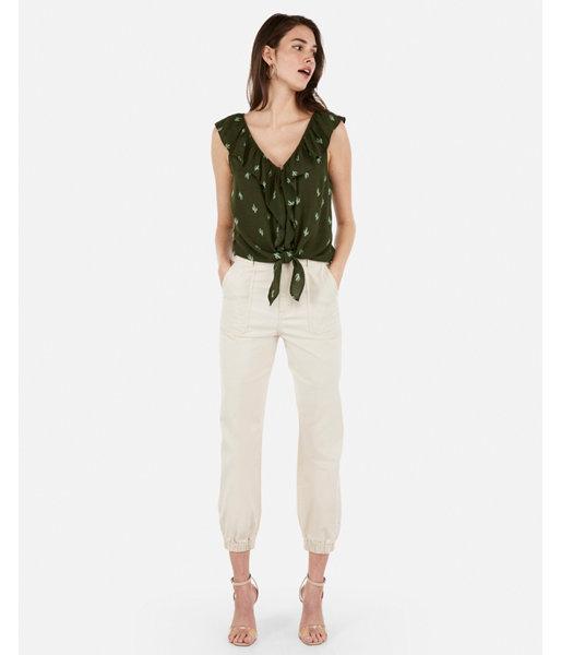 Express Womens Cactus Print Button Front Ruffle Tie Top