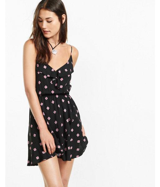 Express Womens Diamond Print Ruffled Faux Wrap Cami Dress