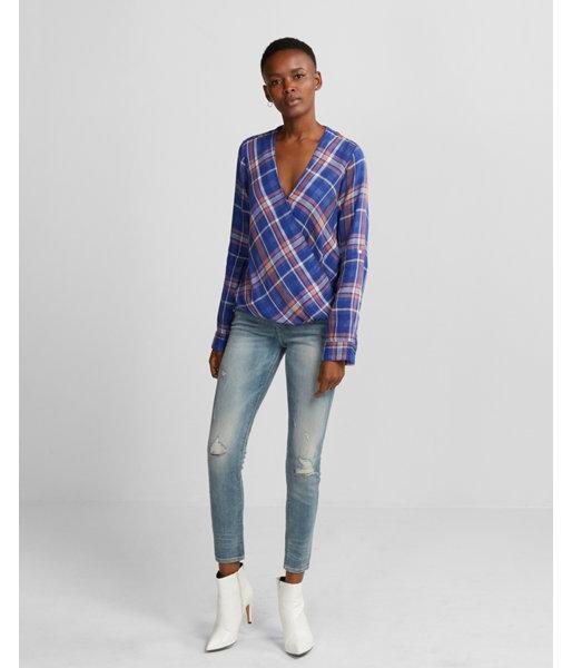 Express Womens Blue Plaid Surplice Blouse