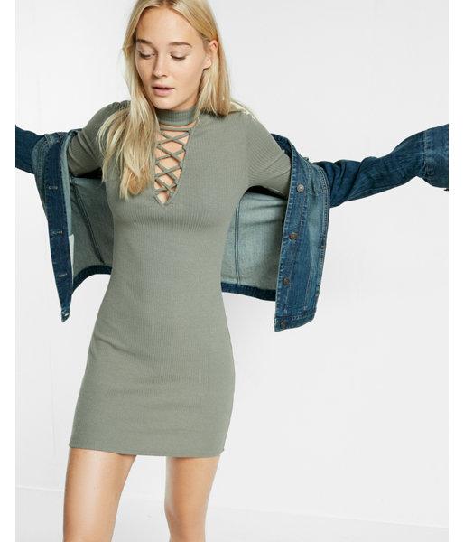 Express Womens Ribbed Lace-up Mock Neck  Dress