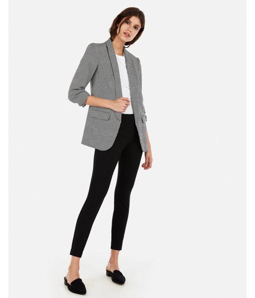 Express Womens Houndstooth Ruched Sleeve Boyfriend Blazer