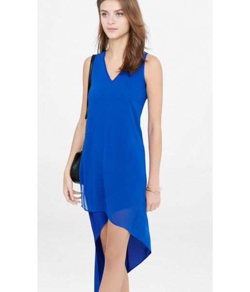 Express Women's Dresses Blue V-neck Asymmetrical Hi-lo Hem Dress