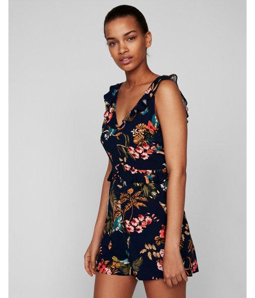 Express Womens Tropical Floral Ruffle Waist Romper