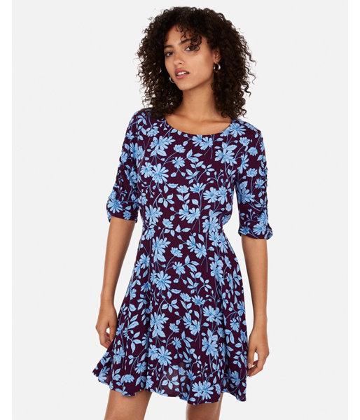 Express Womens Floral Puff Sleeve Fit And Flare Dress