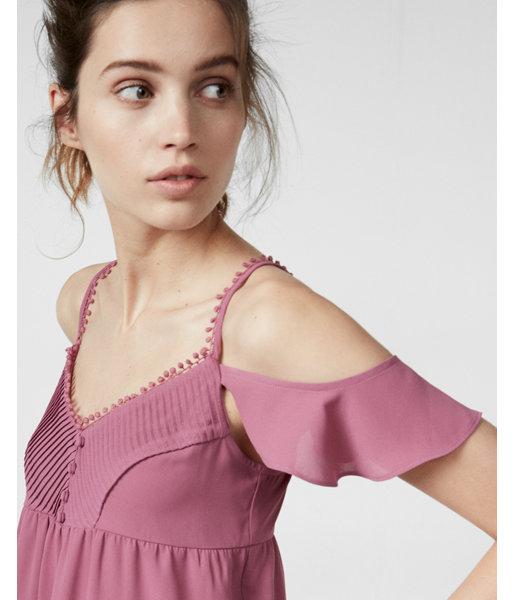 Express Solid Cold Shoulder Pintuck Button-up Cami
