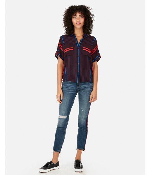 Express Womens Striped Boxy Cropped Button-up