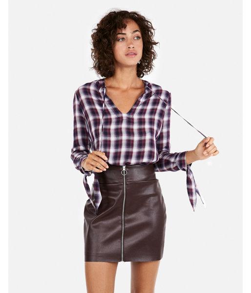 Express Womens Plaid Popover Tie Neck Top