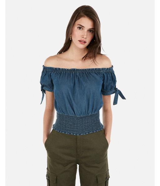 Express Womens Off The Shoulder Smocked Waist Denim Top
