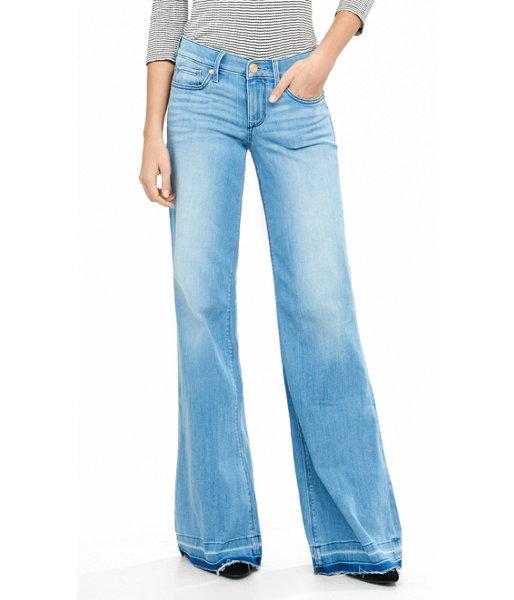 Express Women's Jeans Light Blue Mid Rise Raw Hem Wide