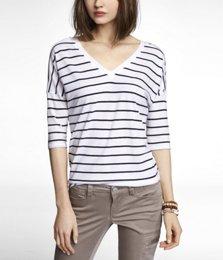 Express Womens Striped Double V-neck Button Shoulder Tee