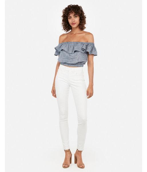 Express Womens Ruffle Off The Shoulder Linen-blend Top