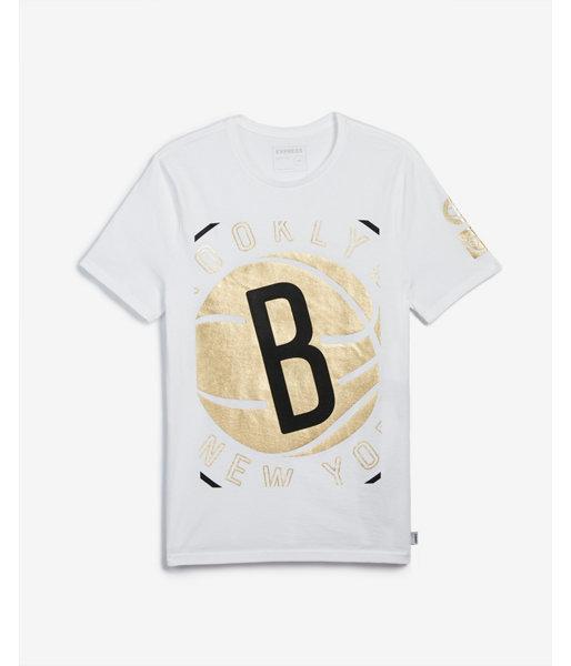 Express Mens Brooklyn Nets Nba Crew Neck Foil Graphic Tee