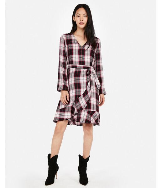 Express Womens Plaid Wrap Front Dress