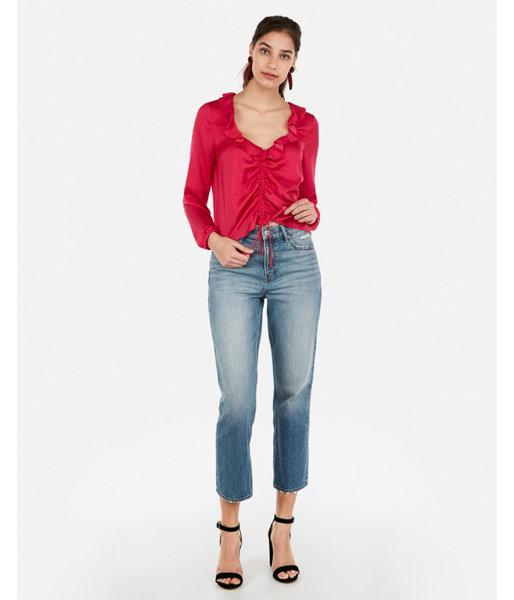 Express Womens Satin Ruched Front Ruffle Neck Top