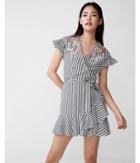 Express Womens Embroidered Striped Ruffle Fit And Flare Dress