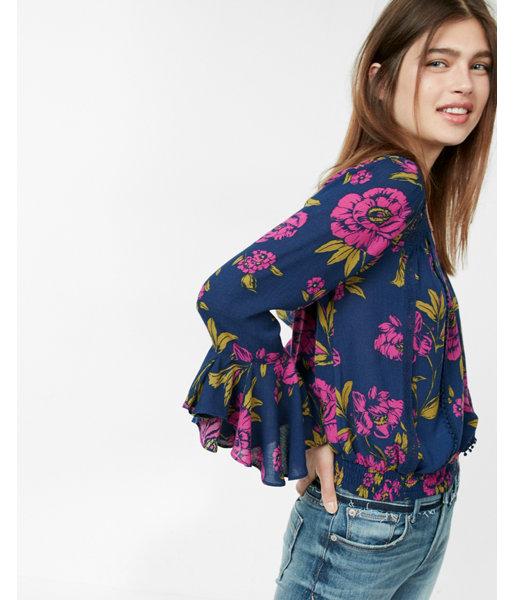 Express Petite Floral Lace Smocked Hem Blouse