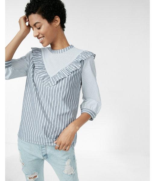 Express Mixed Stripe Ruffle Front Cotton Blouse