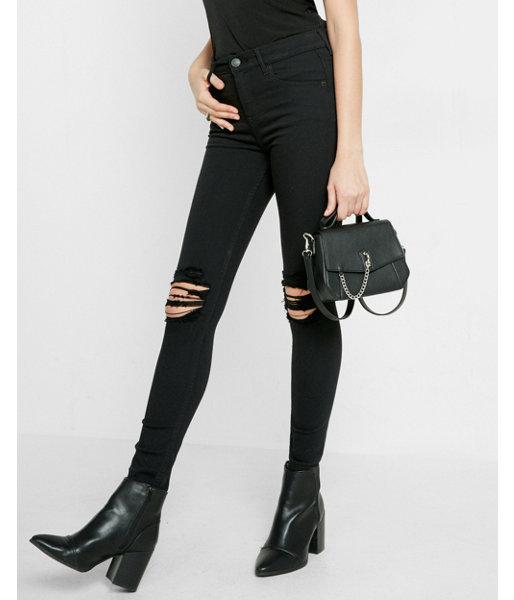Express Womens Express Womens Petite Black High Waisted Distressed Knee Jean