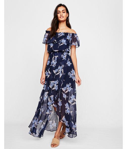 Express Womens Express Womens Petite Floral Off The Shoulder Ruffle Front