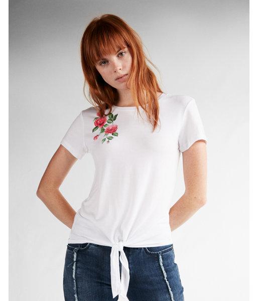 Express Womens Petite Floral Front Knot Crew Neck Tee