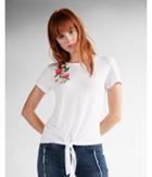 Express Womens Petite Floral Front Knot Crew Neck Tee