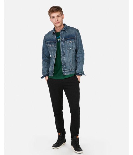 Express Mens Medium Wash Stretch Denim Trucker Jacket