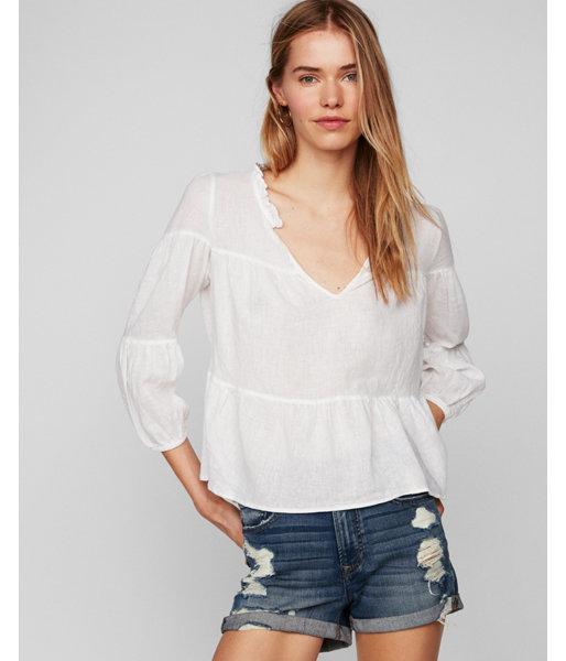 Express Womens Deep V-neck Linen Popover Blouse
