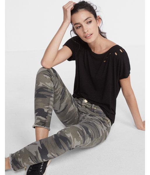 Express Petite Mid Rise Camouflage Print Ankle Jean