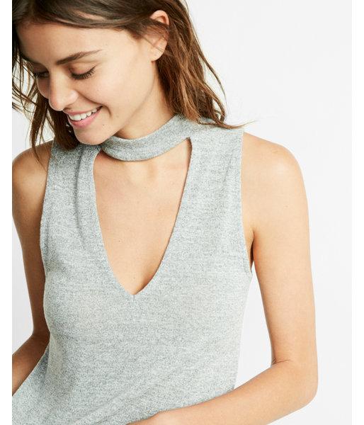 Express Petite Deep V Mock Neck Choker Tank