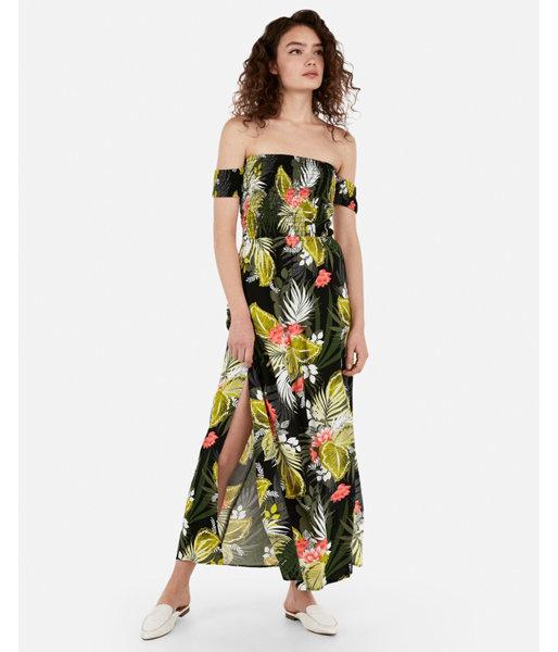 Express Womens Express Womens Printed Off The Shoulder Smocked Bodice Back Cut-out
