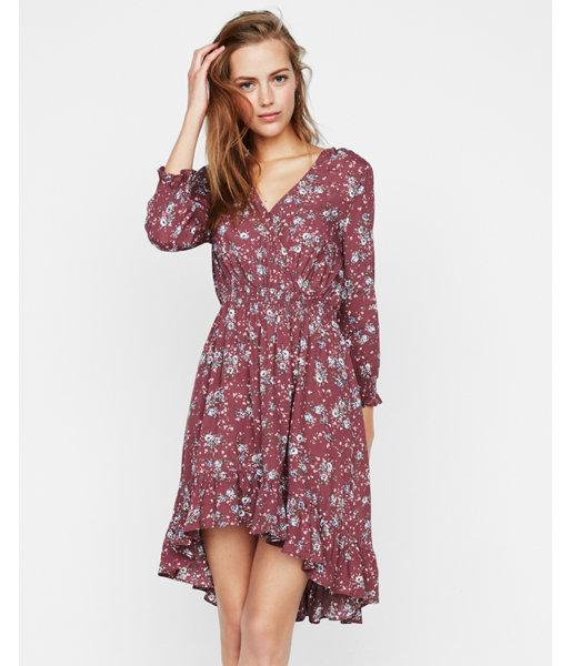 Express Womens Floral Smocked Waist Ruffle Wrap Dress