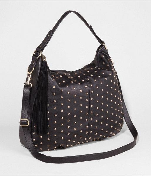 Womens Studded Fringe Tassel Hobo Bag Black
