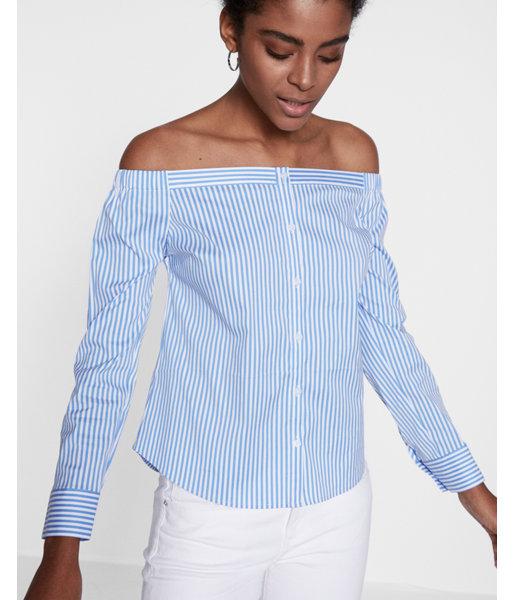 Express Womens Striped Off The Shoulder Button Front Blouse