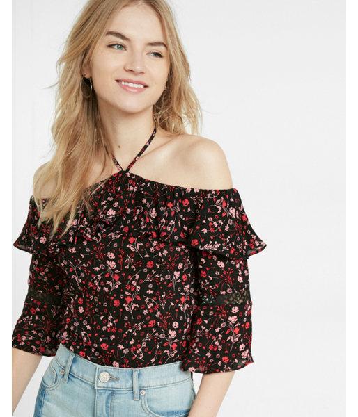 Express Womens Floral Print Ruffle Halter Neck Blouse