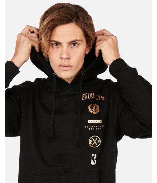 Express Mens Brooklyn Nets Nba Fleece Foil Graphic Hoodie