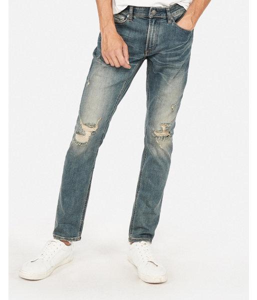 Express Mens Skinny Medium Wash Destroyed Stretch+ Performance Jeans