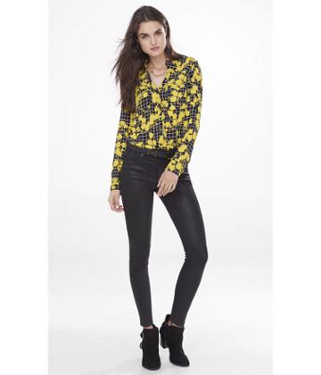 Express Women's Tops Original Fit Floral Grid Print Portofino