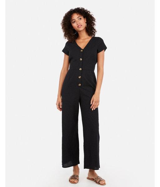 Express Womens Seersucker Button Front Tie Back Culotte Jumpsuit