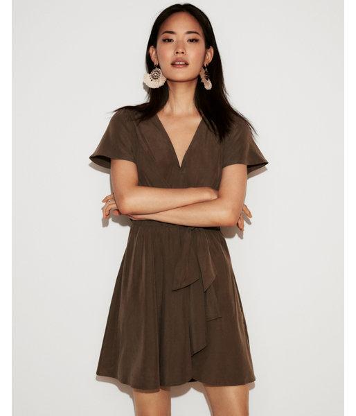 Express Womens Tie Front Flutter Sleeve Fit And Flare Dress
