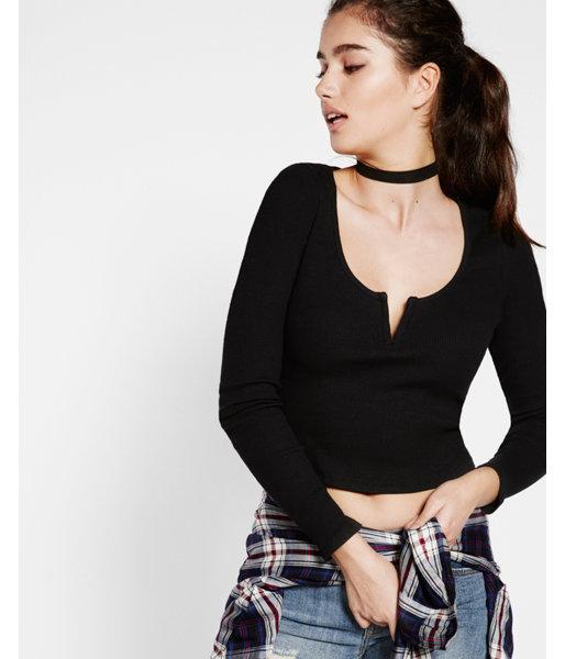 Express One Eleven Deep Notch Neck Abbreviated Tee