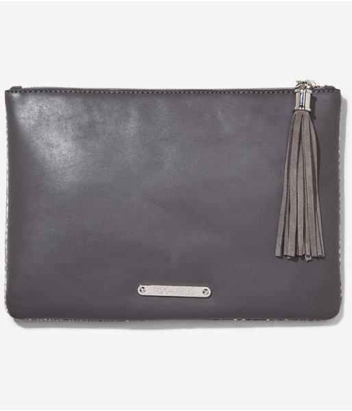 Express Womens Large Snakeskin Print Tasseled Clutch Gray