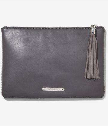 Express Womens Large Snakeskin Print Tasseled Clutch Gray