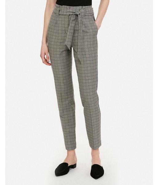 Express Womens High Waisted Plaid Ankle Paperbag Waist Pant