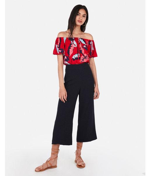 Express Womens Floral Off The Shoulder Button Front Tie Top