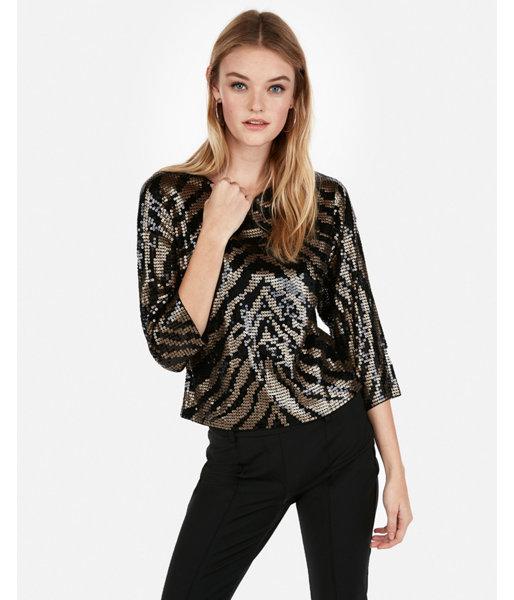 Express Womens Zebra Sequin Crew Neck Top