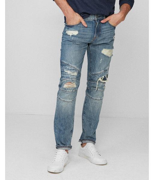 Express Mens Slim Medium Wash Destroyed Moto 100% Cotton Jeans