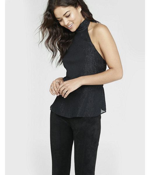 Express Womens Shimmering Tie Neck Peplum Halter Blouse