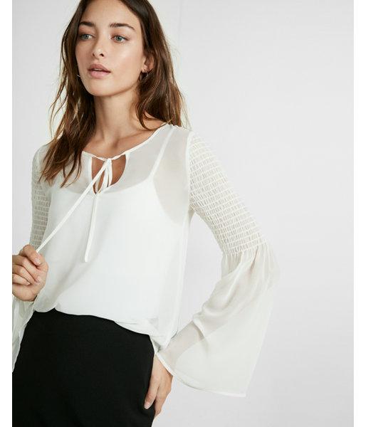 Express Smocked Bell Sleeve Sheer Tie Neck Blouse