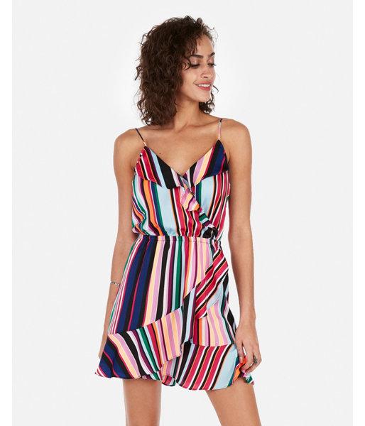 Express Womens Satin Striped Ruffle Surplice Wrap Cami Dress